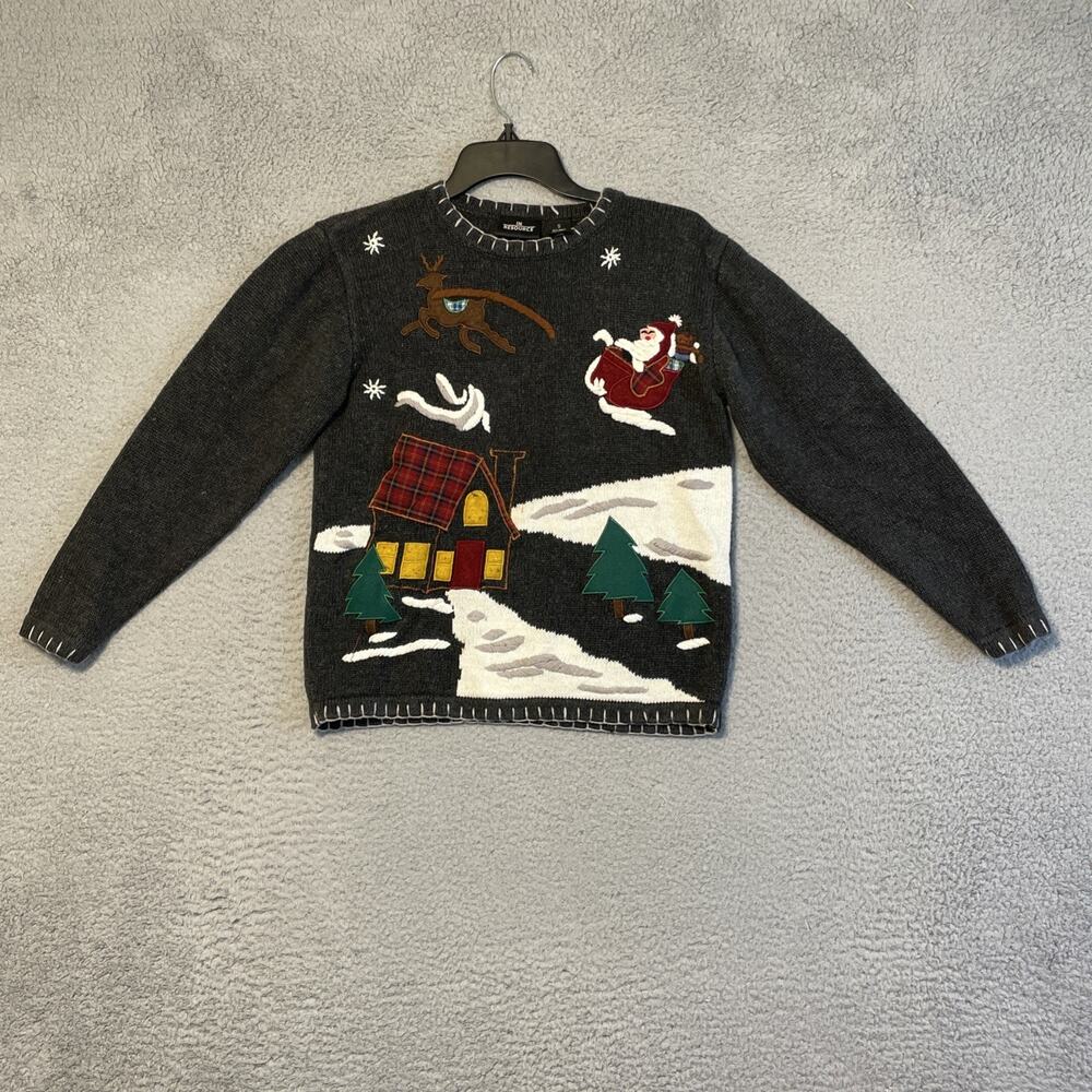 Vintage Ugly Christmas Sweater Grey Knit Ramie Cotton Blend Size Small Crew Neck